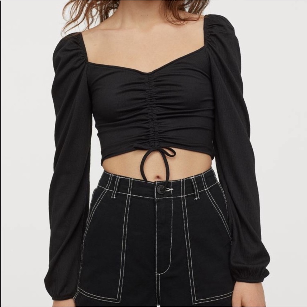 Drawstring Front Black Crop Top